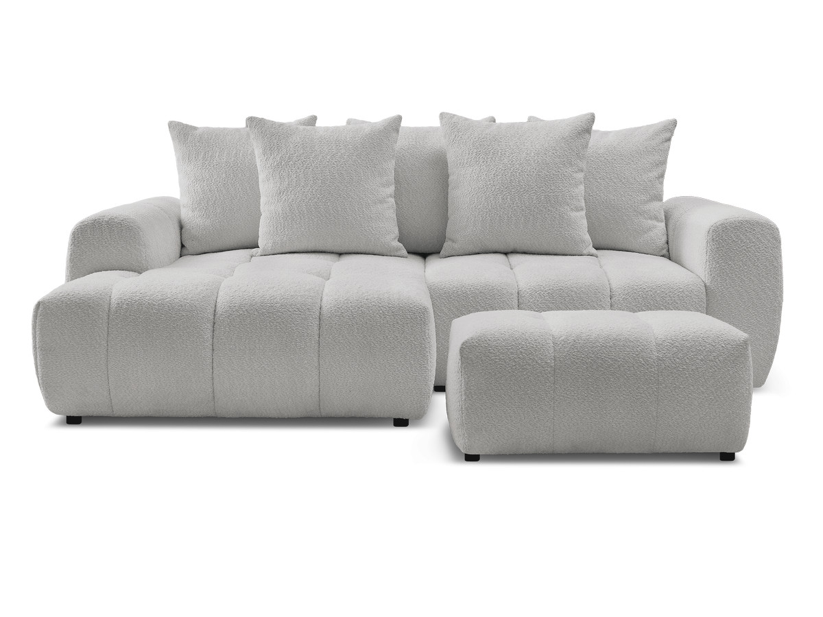 Canapé d'angle convertible coffre ROXELANE tissu bouclette avec pouf
