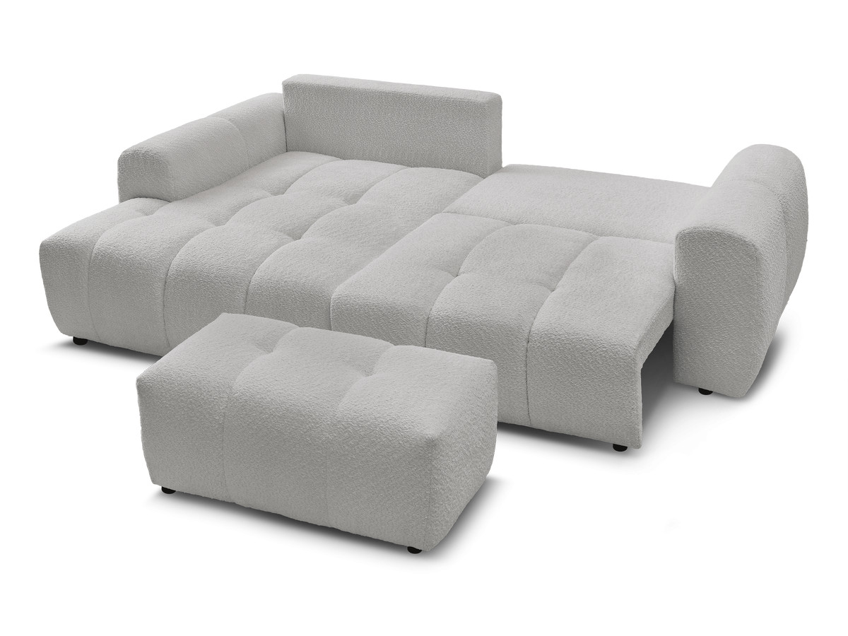 Canapé d'angle convertible coffre ROXELANE tissu bouclette avec pouf