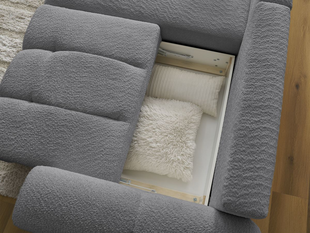 Canapé d'angle convertible coffre ROXELANE tissu bouclette avec pouf