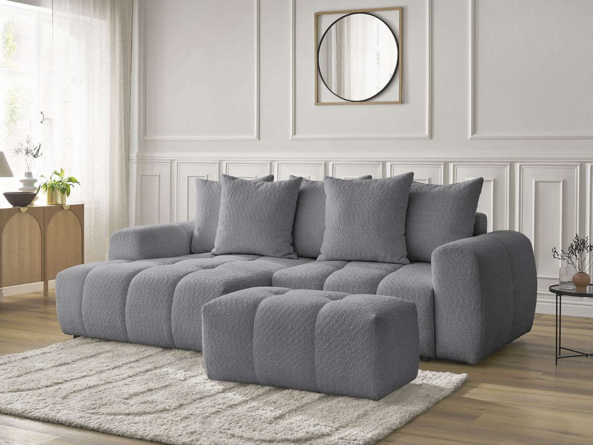Canapé d'angle convertible coffre ROXELANE tissu bouclette avec pouf
