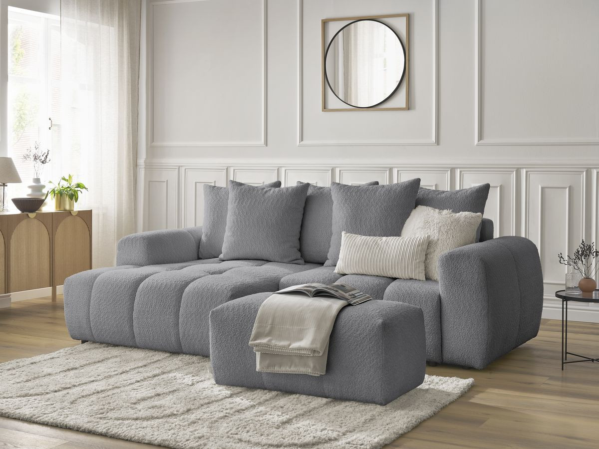 Canapé d'angle convertible coffre ROXELANE tissu bouclette avec pouf