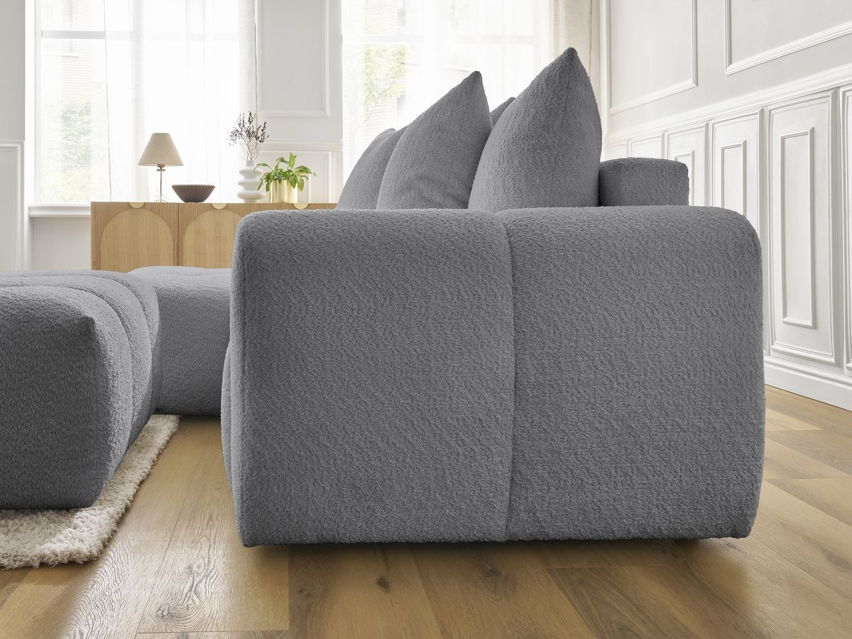 Canapé d'angle convertible coffre ROXELANE tissu bouclette avec pouf