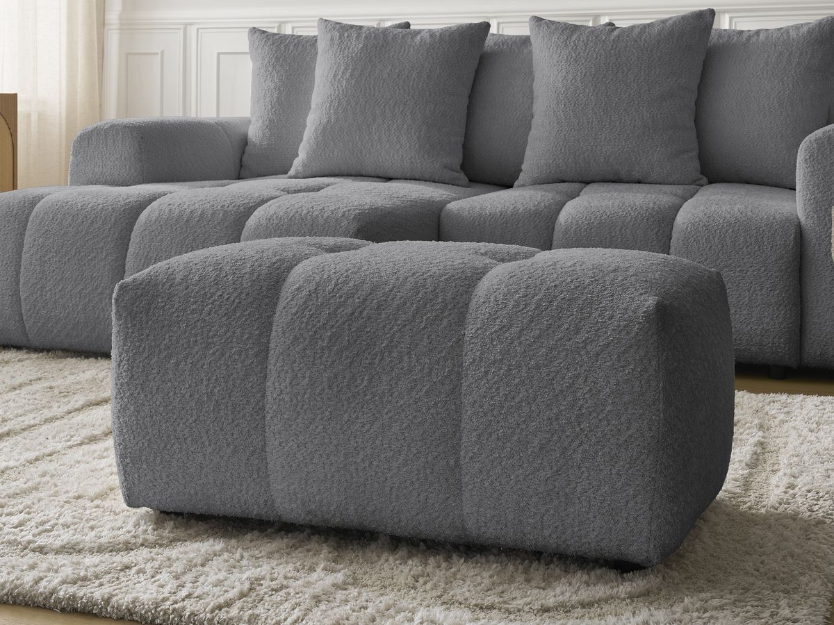 Canapé d'angle convertible coffre ROXELANE tissu bouclette avec pouf