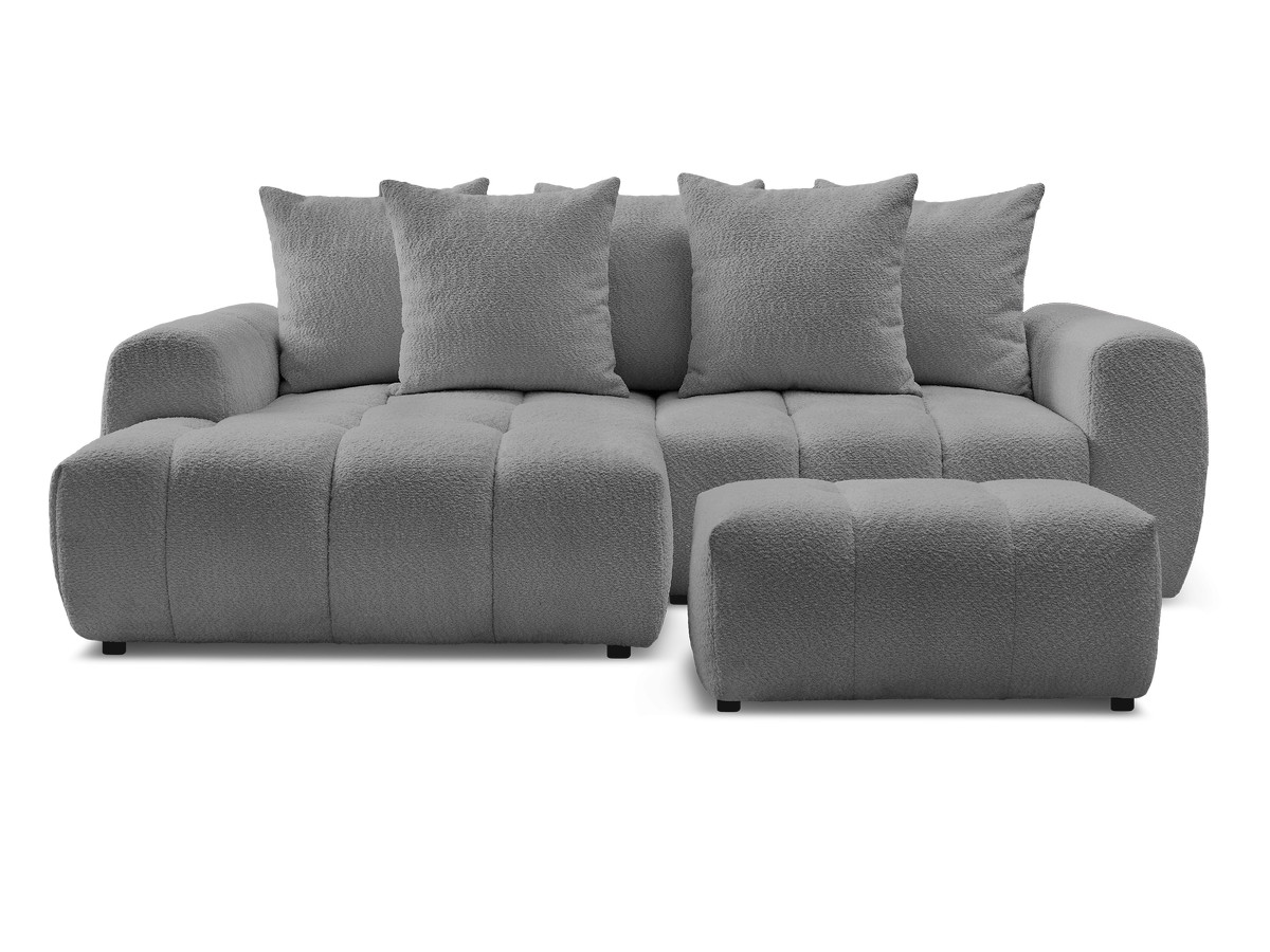 Canapé d'angle convertible coffre ROXELANE tissu bouclette avec pouf