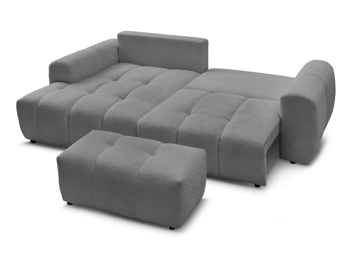Canapé d'angle convertible coffre ROXELANE tissu bouclette avec pouf