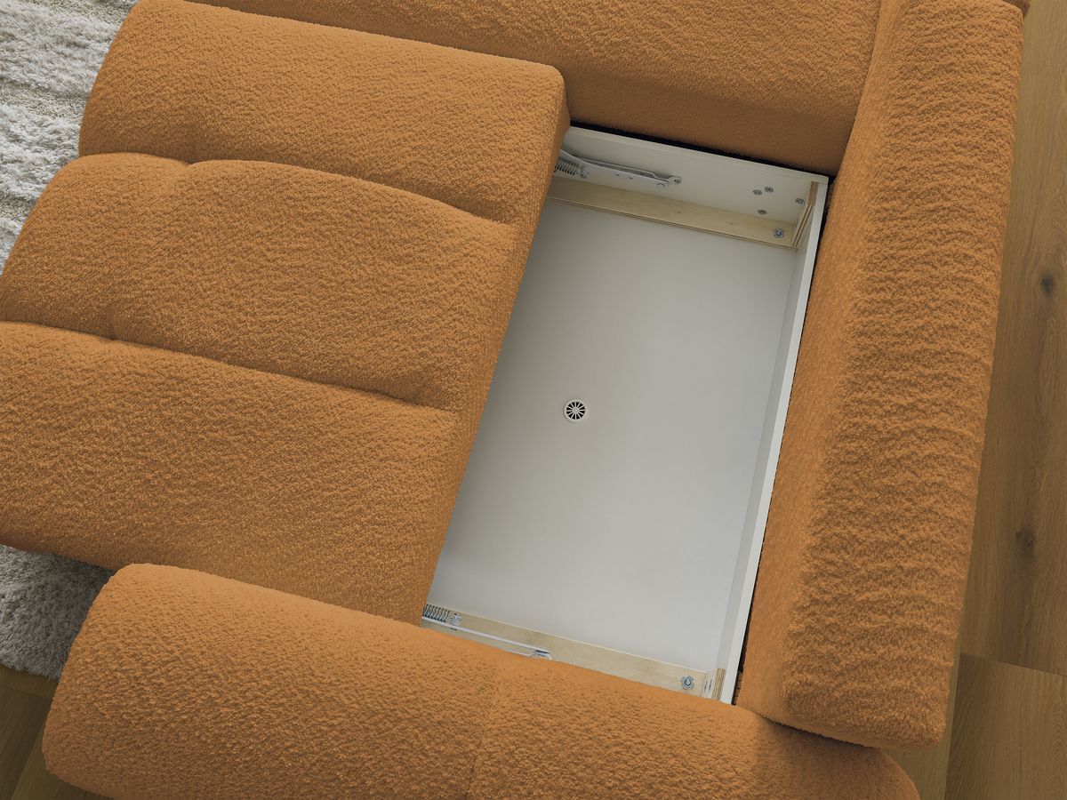 Canapé d'angle convertible coffre ROXELANE tissu bouclette avec pouf