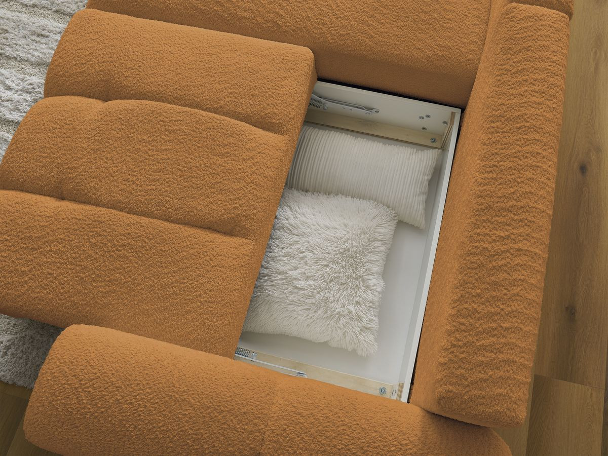 Canapé d'angle convertible coffre ROXELANE tissu bouclette avec pouf