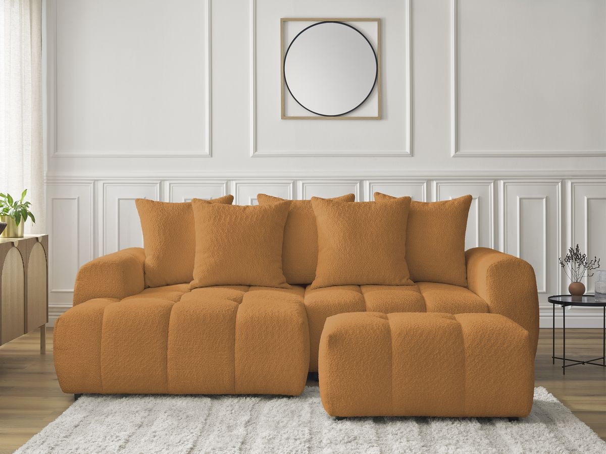 Canapé d'angle convertible coffre ROXELANE tissu bouclette avec pouf jaune angle gauche BOBOCHIC 3 places - Vue supplémentaire 3