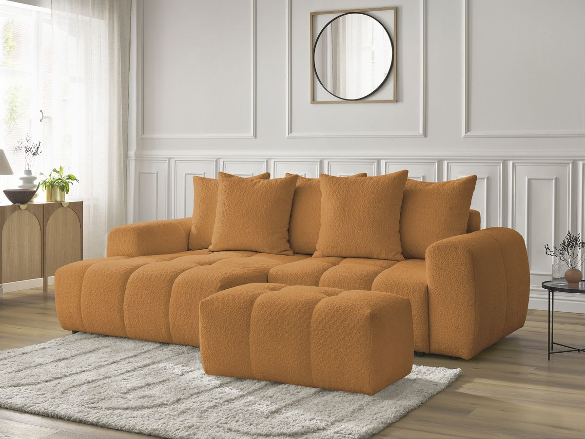 Canapé d'angle convertible coffre ROXELANE tissu bouclette avec pouf
