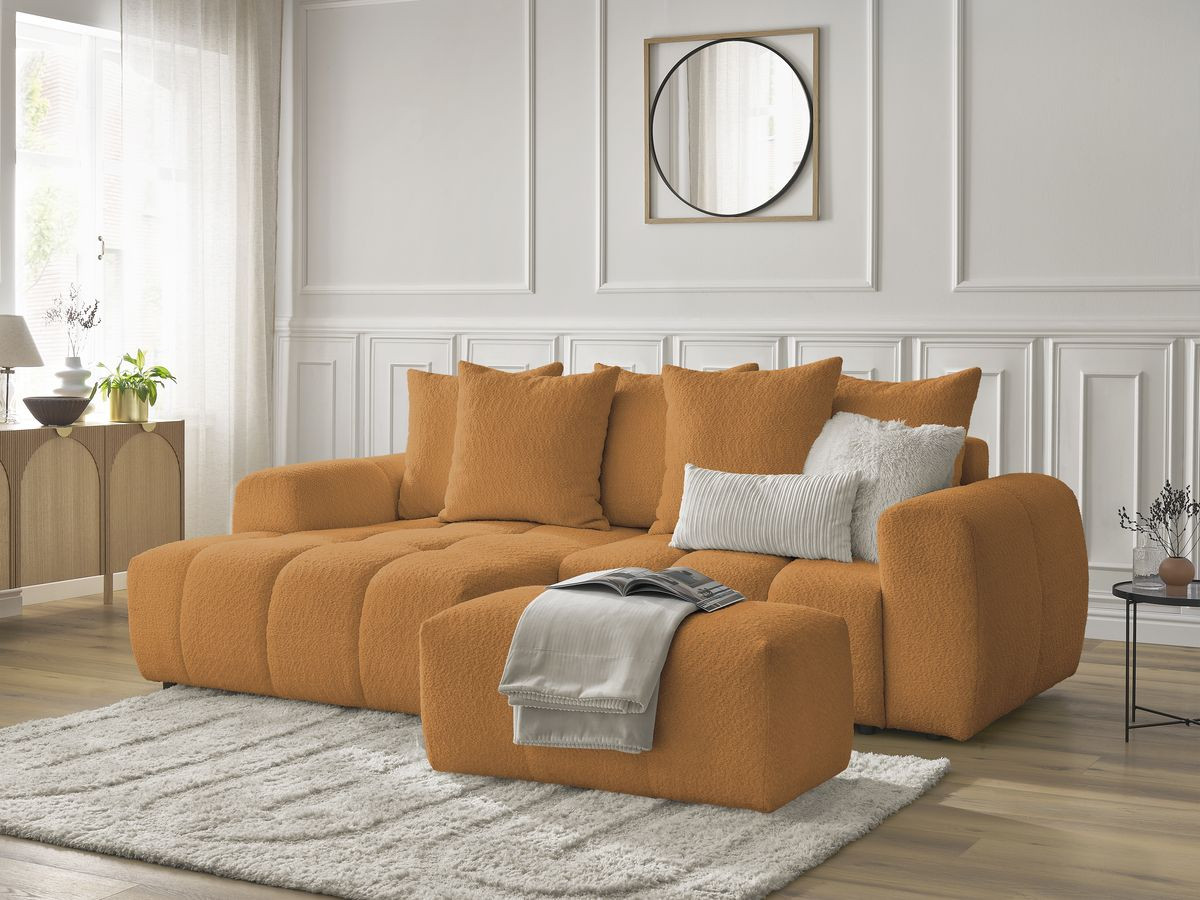 Canapé d'angle convertible coffre ROXELANE tissu bouclette avec pouf