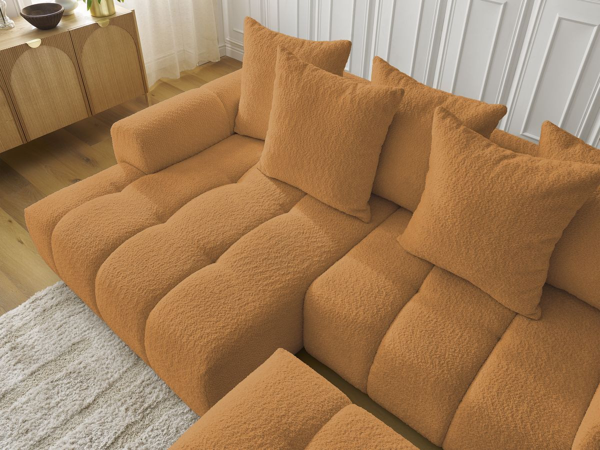 Canapé d'angle convertible coffre ROXELANE tissu bouclette avec pouf
