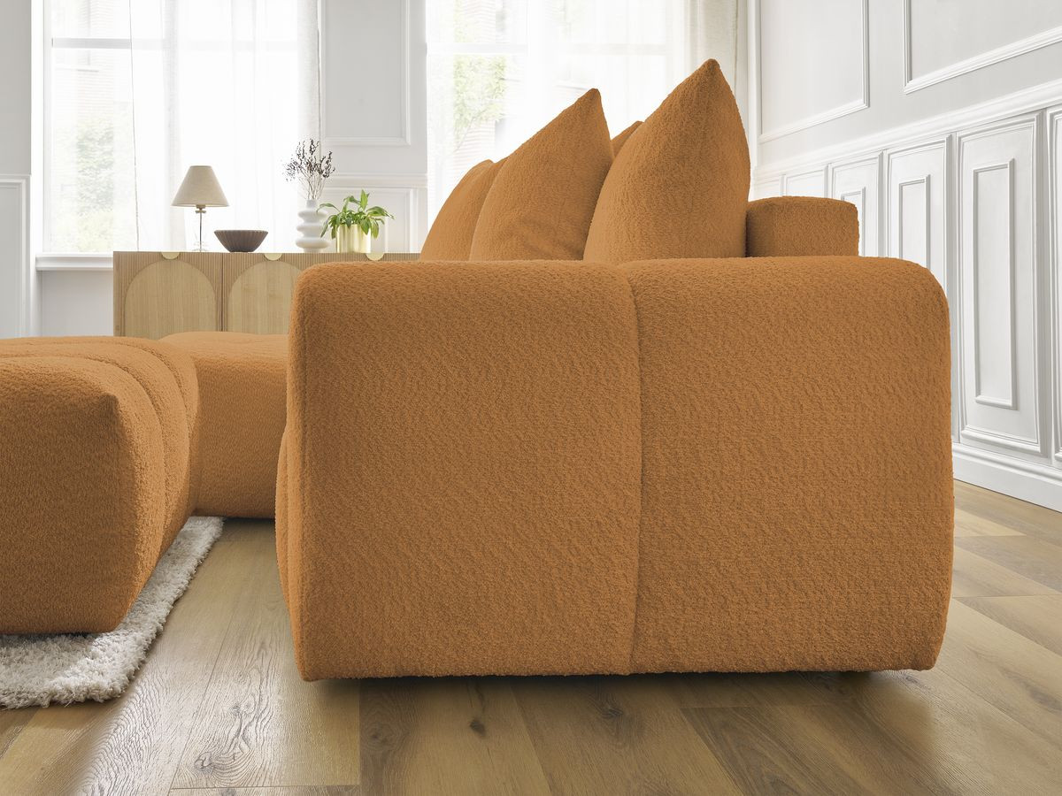 Canapé d'angle convertible coffre ROXELANE tissu bouclette avec pouf