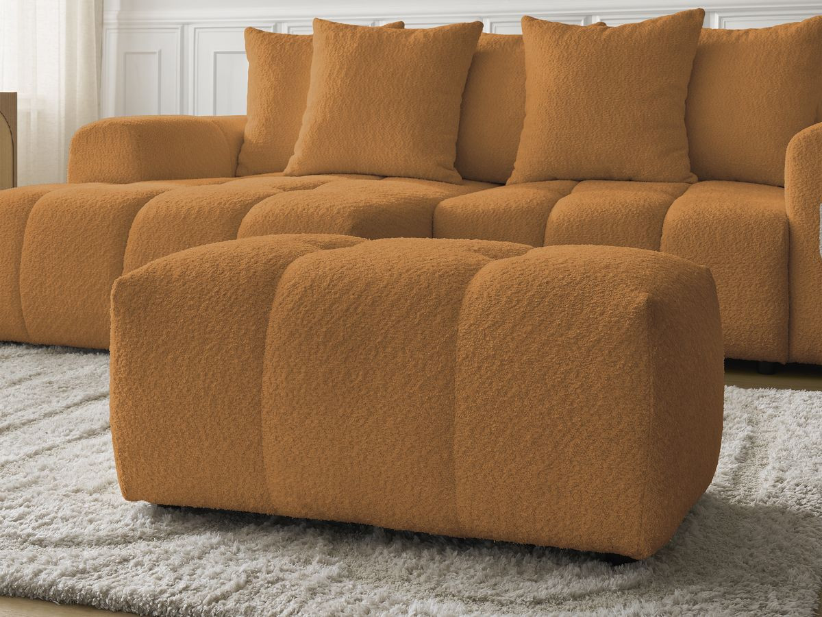 Canapé d'angle convertible coffre ROXELANE tissu bouclette avec pouf
