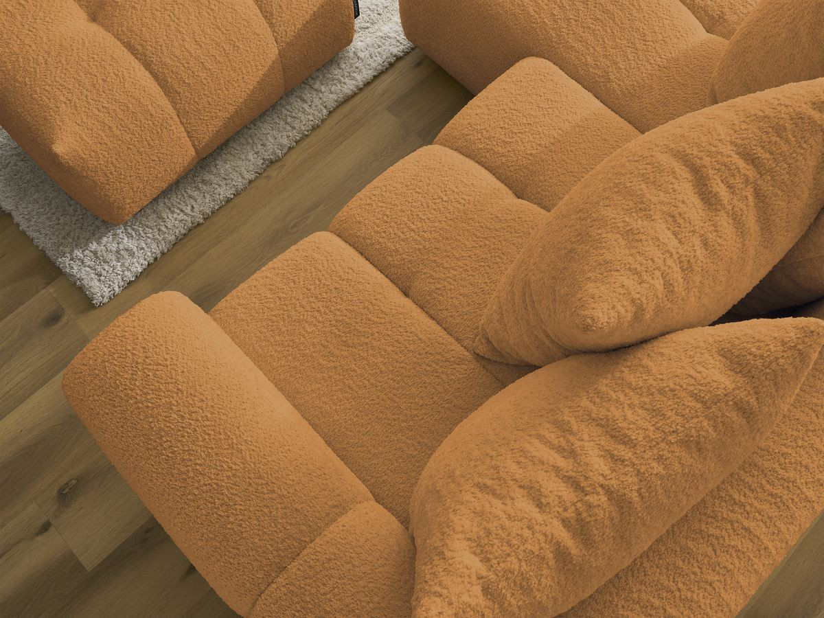 Canapé d'angle convertible coffre ROXELANE tissu bouclette avec pouf