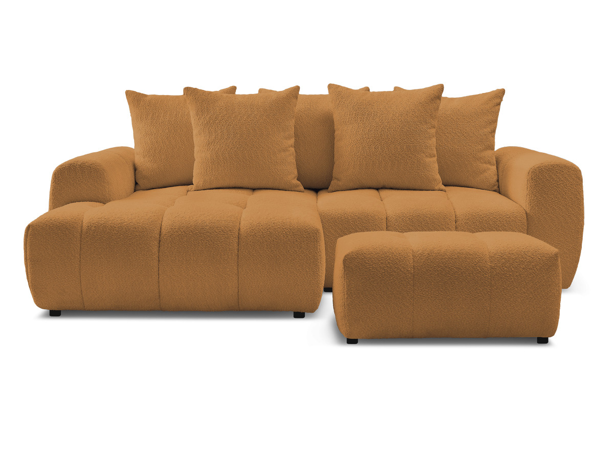 Canapé d'angle convertible coffre ROXELANE tissu bouclette avec pouf