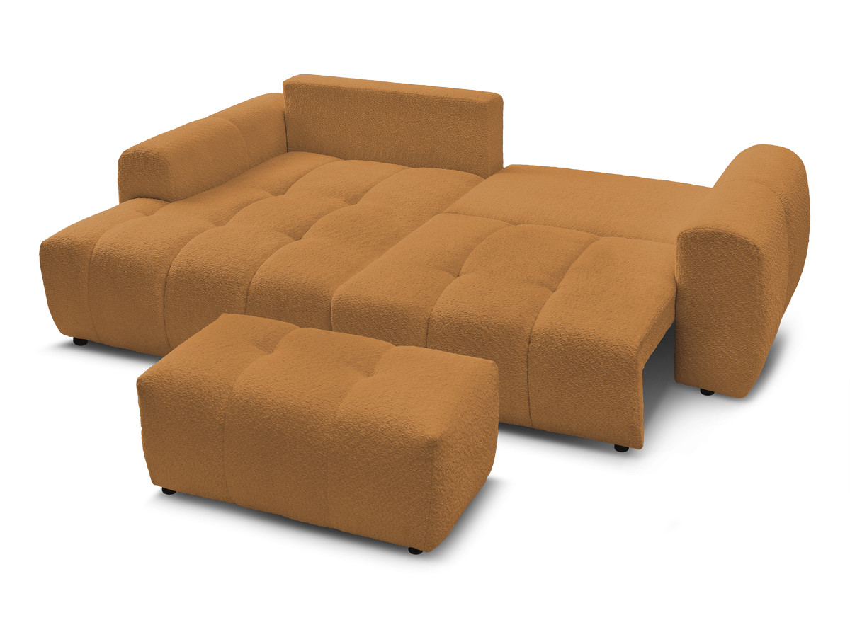 Canapé d'angle convertible coffre ROXELANE tissu bouclette avec pouf