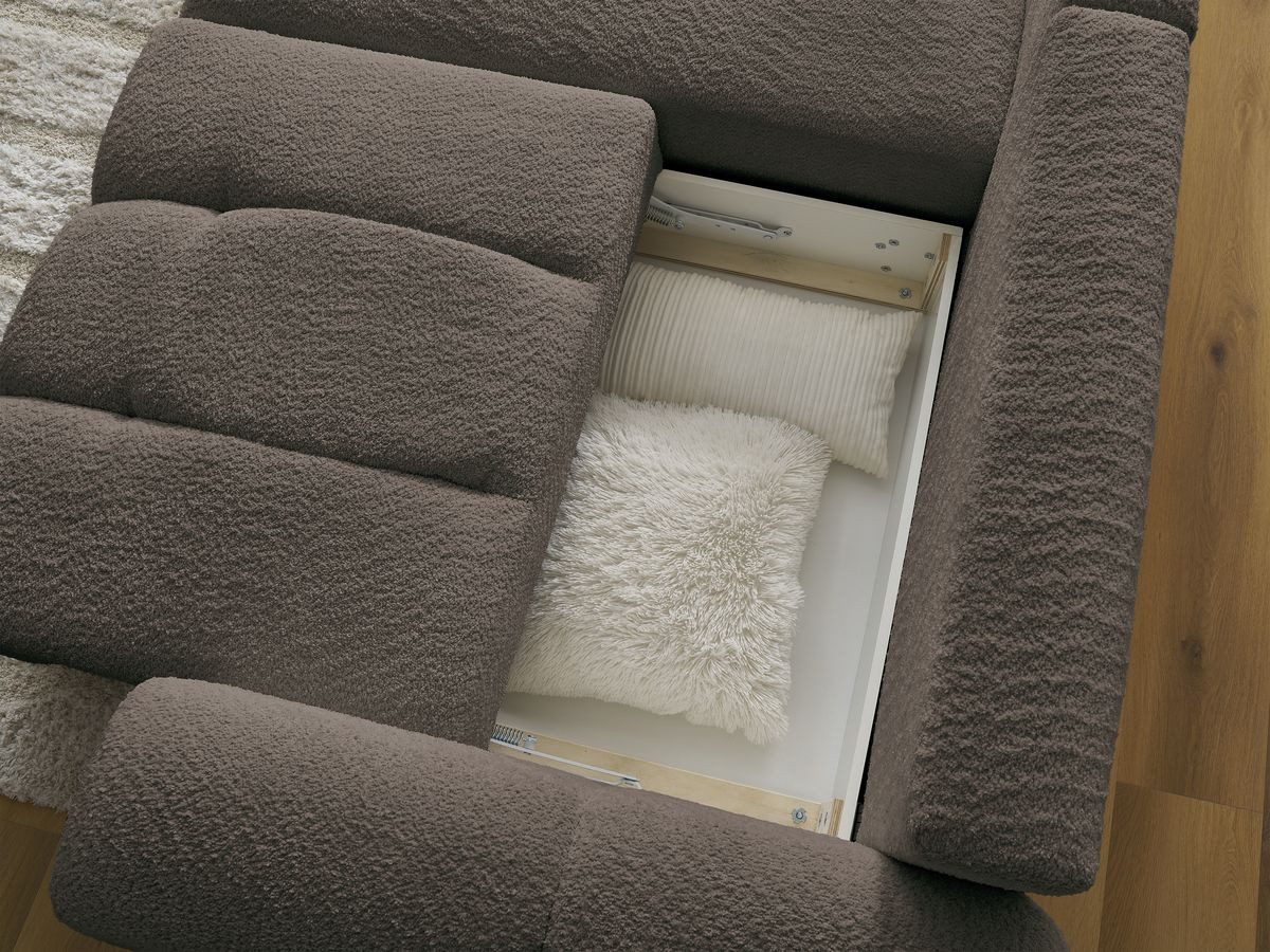 Canapé d'angle convertible coffre ROXELANE tissu bouclette avec pouf