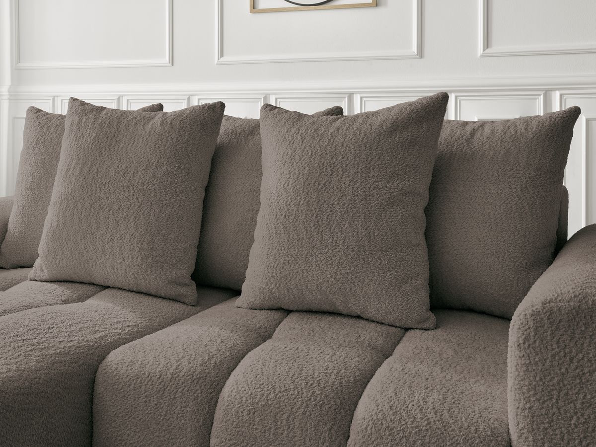 Canapé d'angle convertible coffre ROXELANE tissu bouclette avec pouf