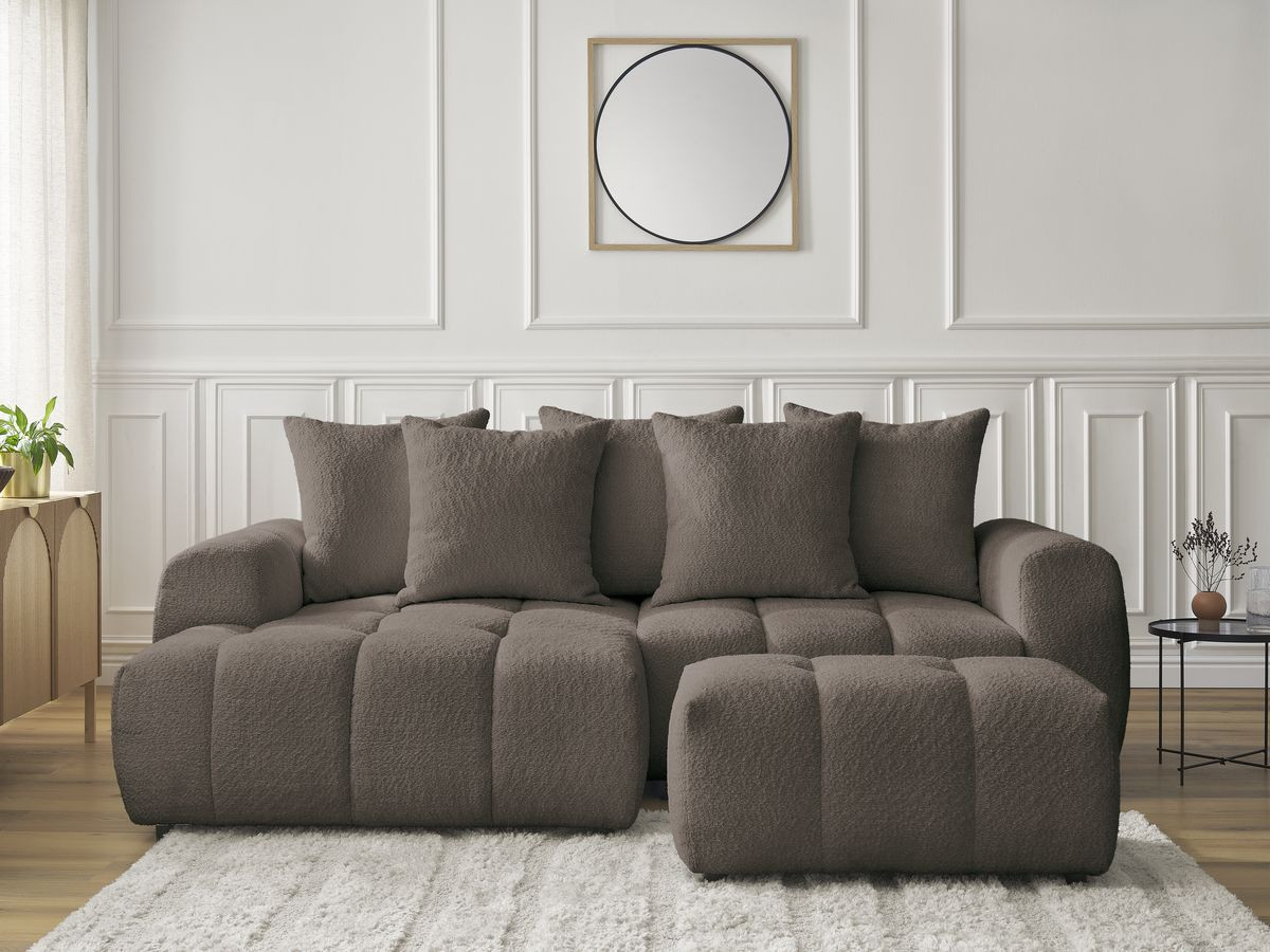 Canapé d'angle convertible coffre ROXELANE tissu bouclette avec pouf marron angle gauche BOBOCHIC 3 places - Vue supplémentaire 3