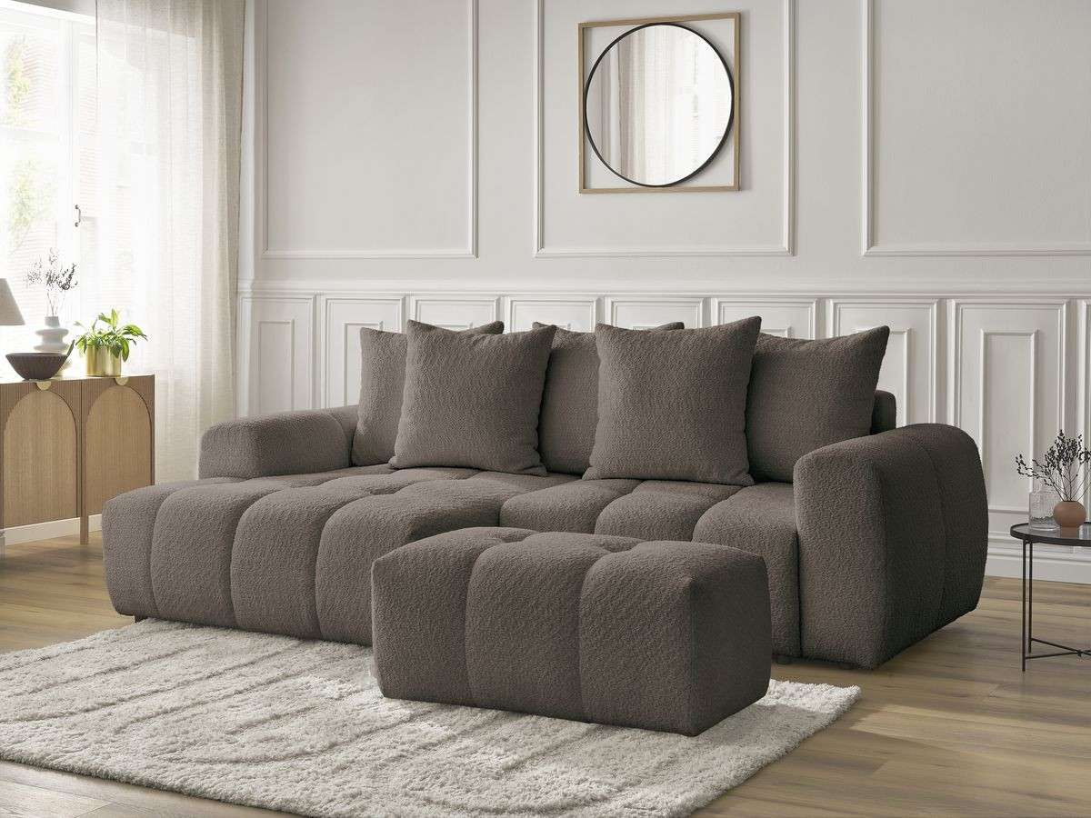 Canapé d'angle convertible coffre ROXELANE tissu bouclette avec pouf