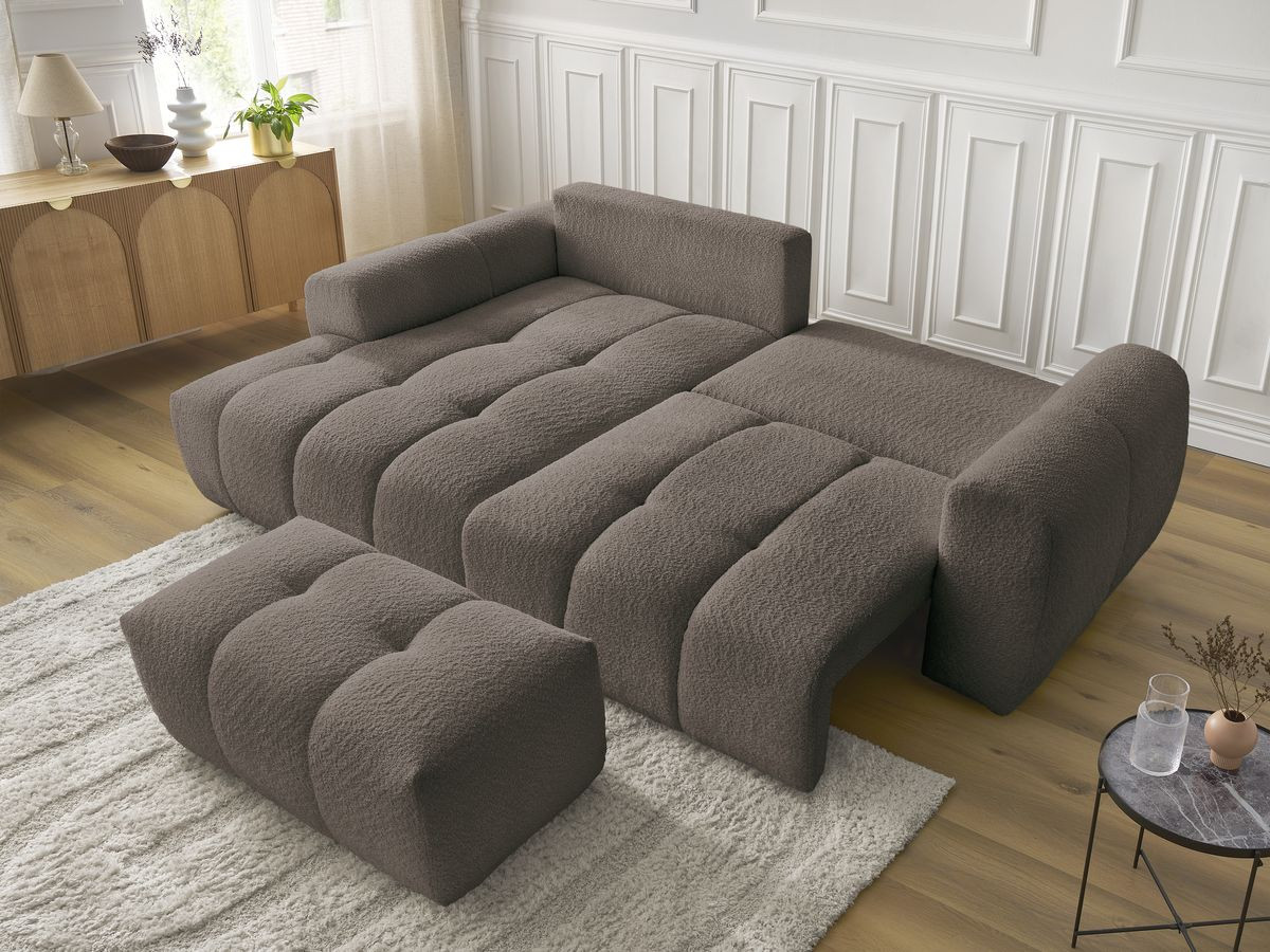 Canapé d'angle convertible coffre ROXELANE tissu bouclette avec pouf