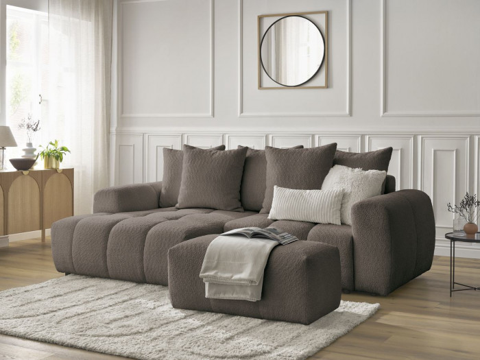 Canapé d'angle convertible coffre ROXELANE tissu bouclette avec pouf