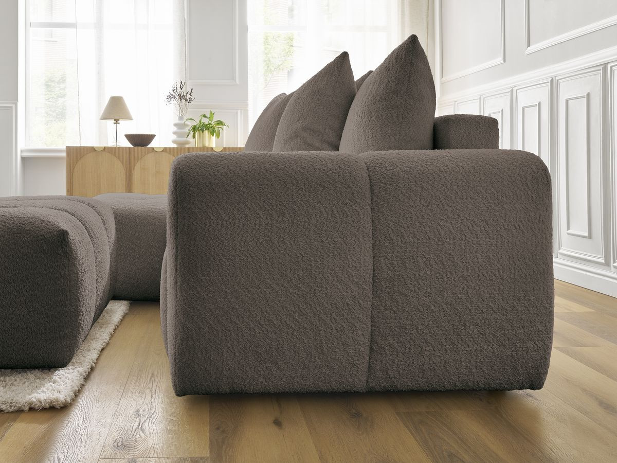 Canapé d'angle convertible coffre ROXELANE tissu bouclette avec pouf