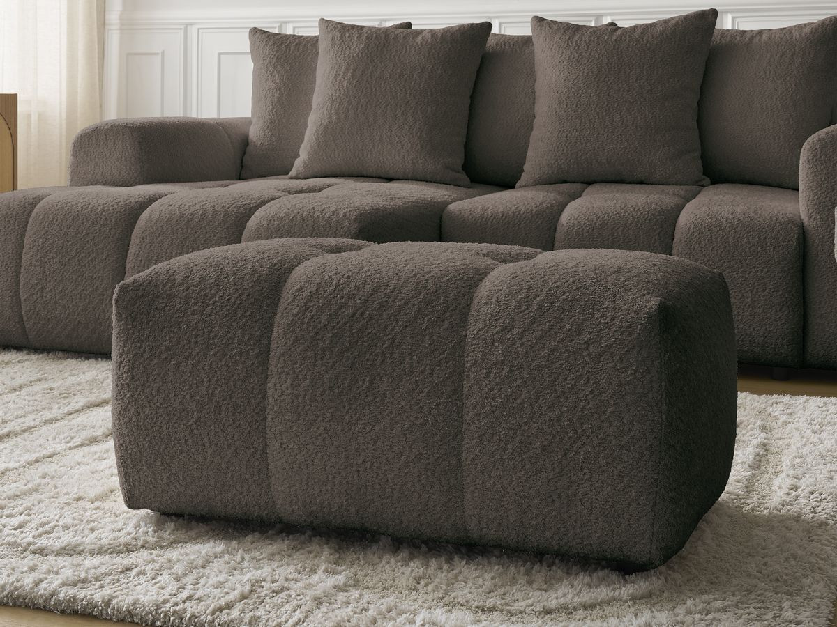 Canapé d'angle convertible coffre ROXELANE tissu bouclette avec pouf