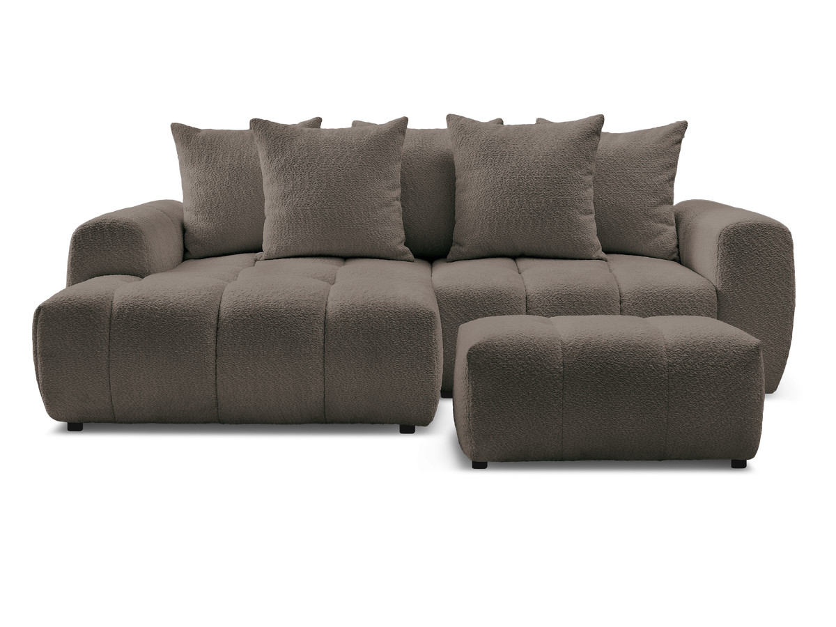 Canapé d'angle convertible coffre ROXELANE tissu bouclette avec pouf