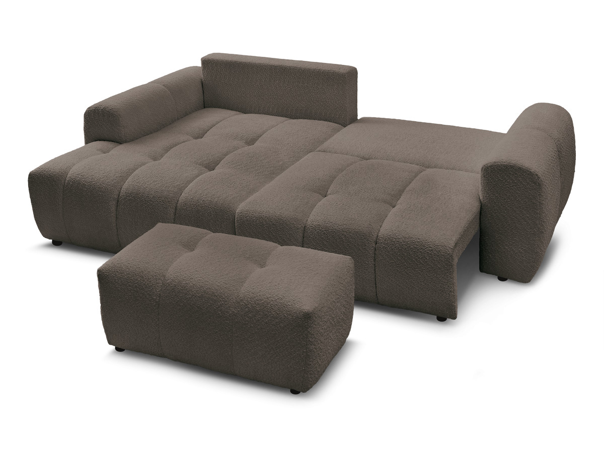 Canapé d'angle convertible coffre ROXELANE tissu bouclette avec pouf