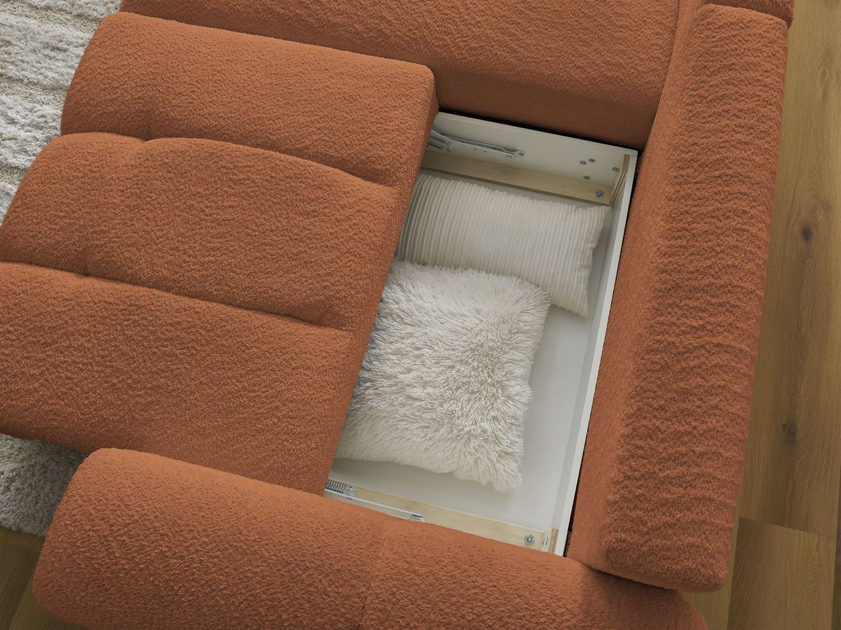 Canapé d'angle convertible coffre ROXELANE tissu bouclette avec pouf