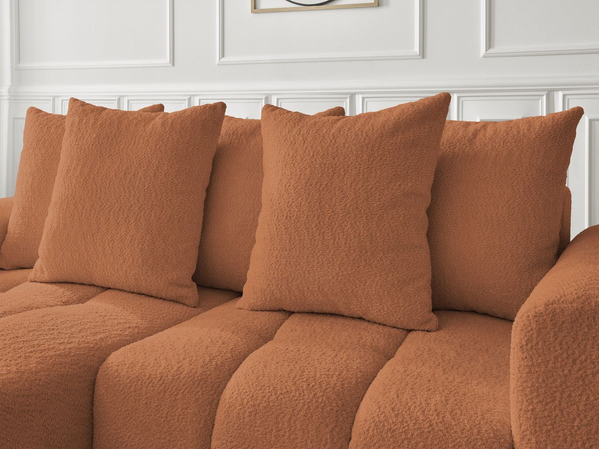 Canapé d'angle convertible coffre ROXELANE tissu bouclette avec pouf