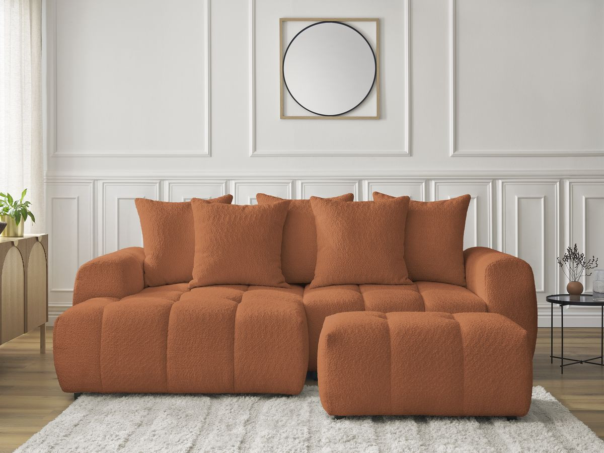 Canapé d'angle convertible coffre ROXELANE tissu bouclette avec pouf orange angle gauche BOBOCHIC 3 places - Vue supplémentaire 3