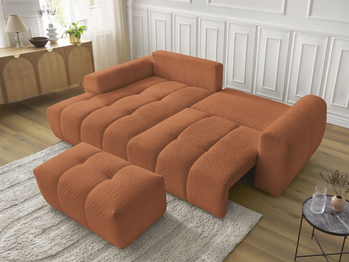 Canapé d'angle convertible coffre ROXELANE tissu bouclette avec pouf
