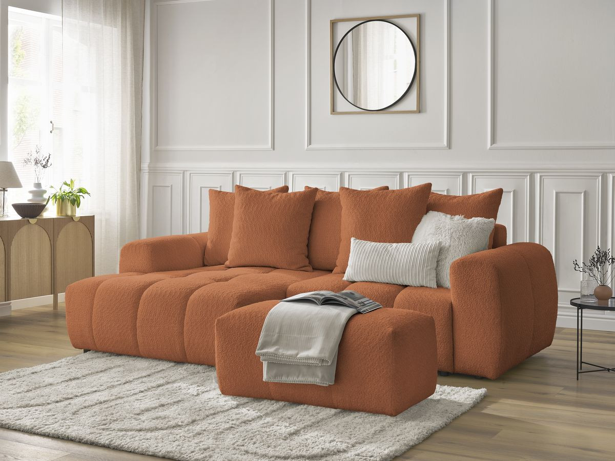 Canapé d'angle convertible coffre ROXELANE tissu bouclette avec pouf