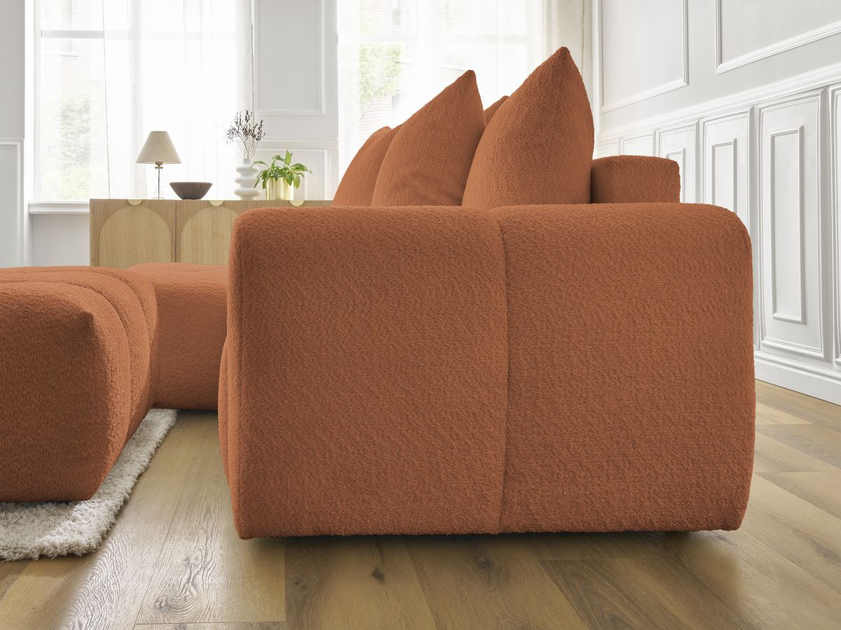 Canapé d'angle convertible coffre ROXELANE tissu bouclette avec pouf
