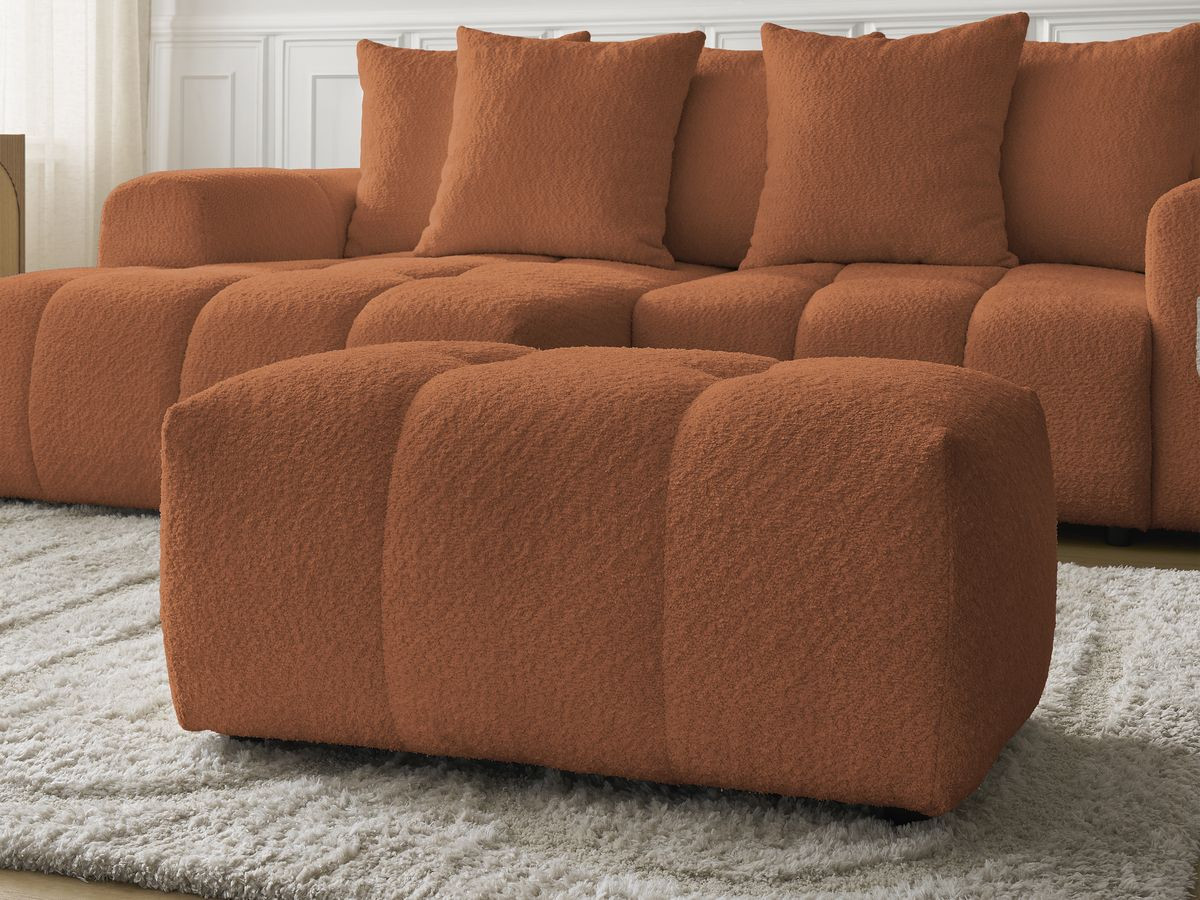 Canapé d'angle convertible coffre ROXELANE tissu bouclette avec pouf