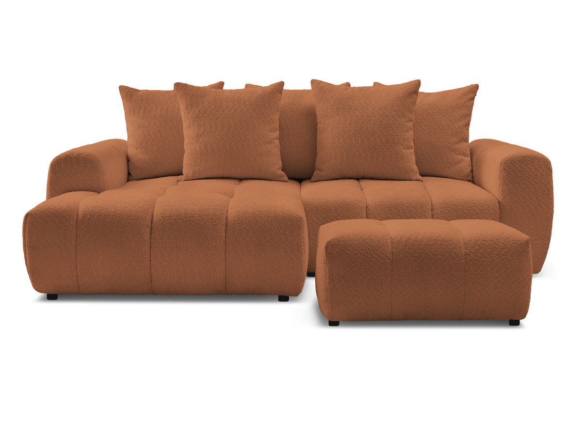 Canapé d'angle convertible coffre ROXELANE tissu bouclette avec pouf