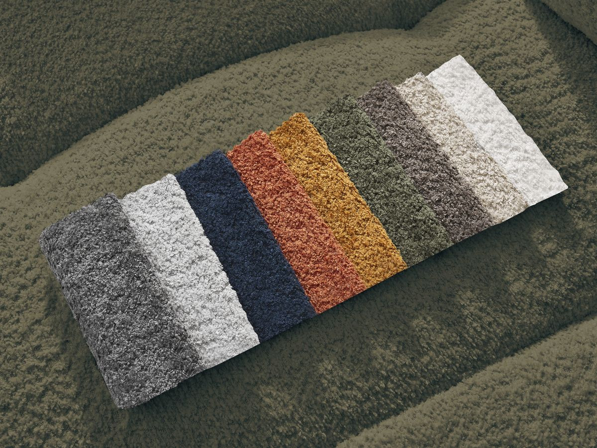 Canapé d'angle convertible coffre ROXELANE tissu bouclette avec pouf