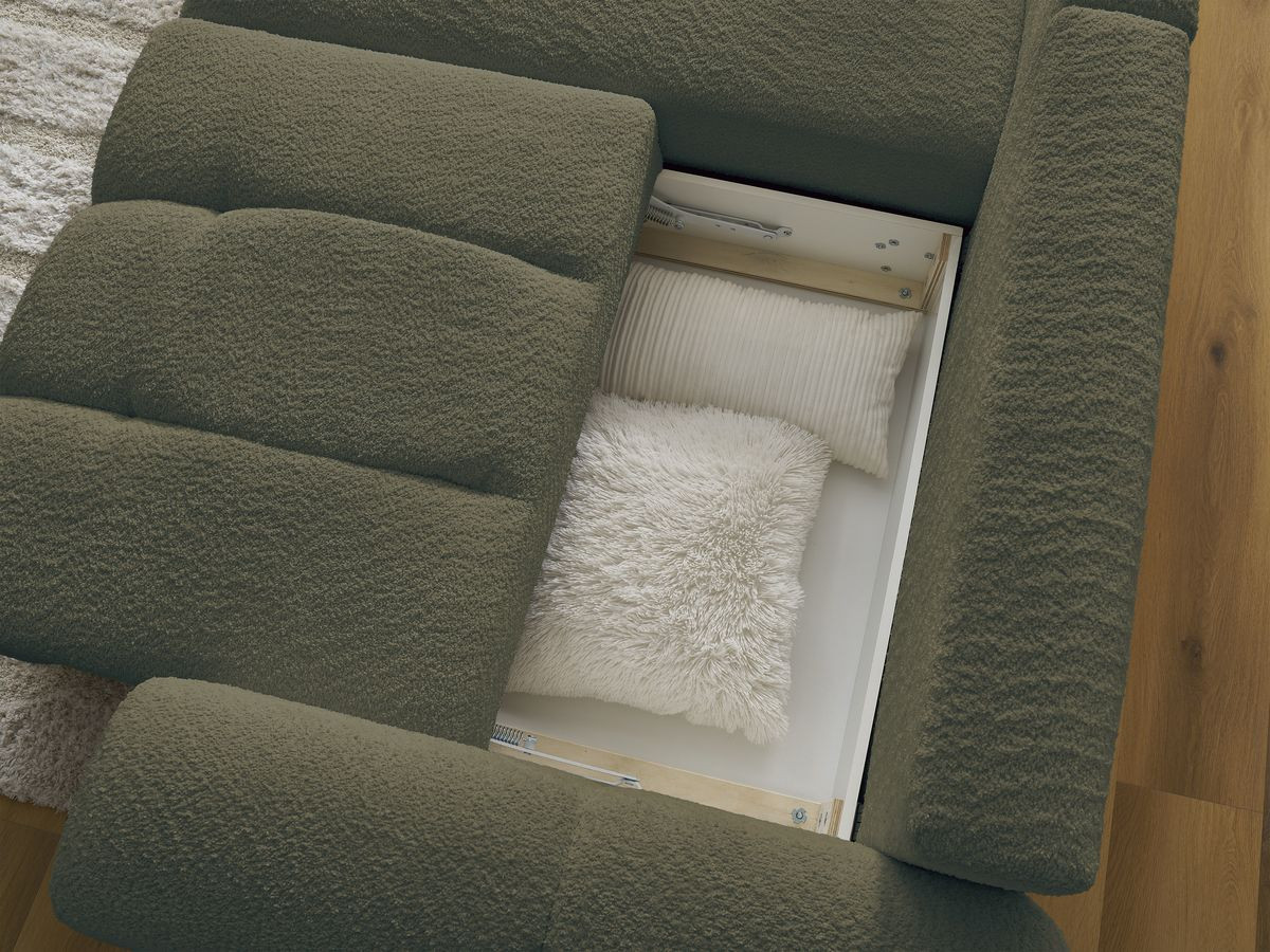 Canapé d'angle convertible coffre ROXELANE tissu bouclette avec pouf