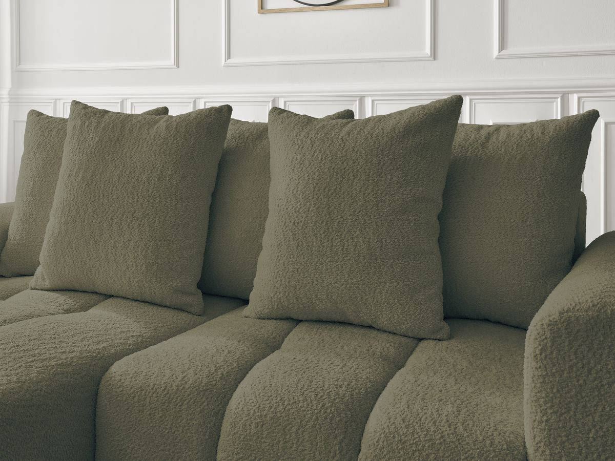 Canapé d'angle convertible coffre ROXELANE tissu bouclette avec pouf