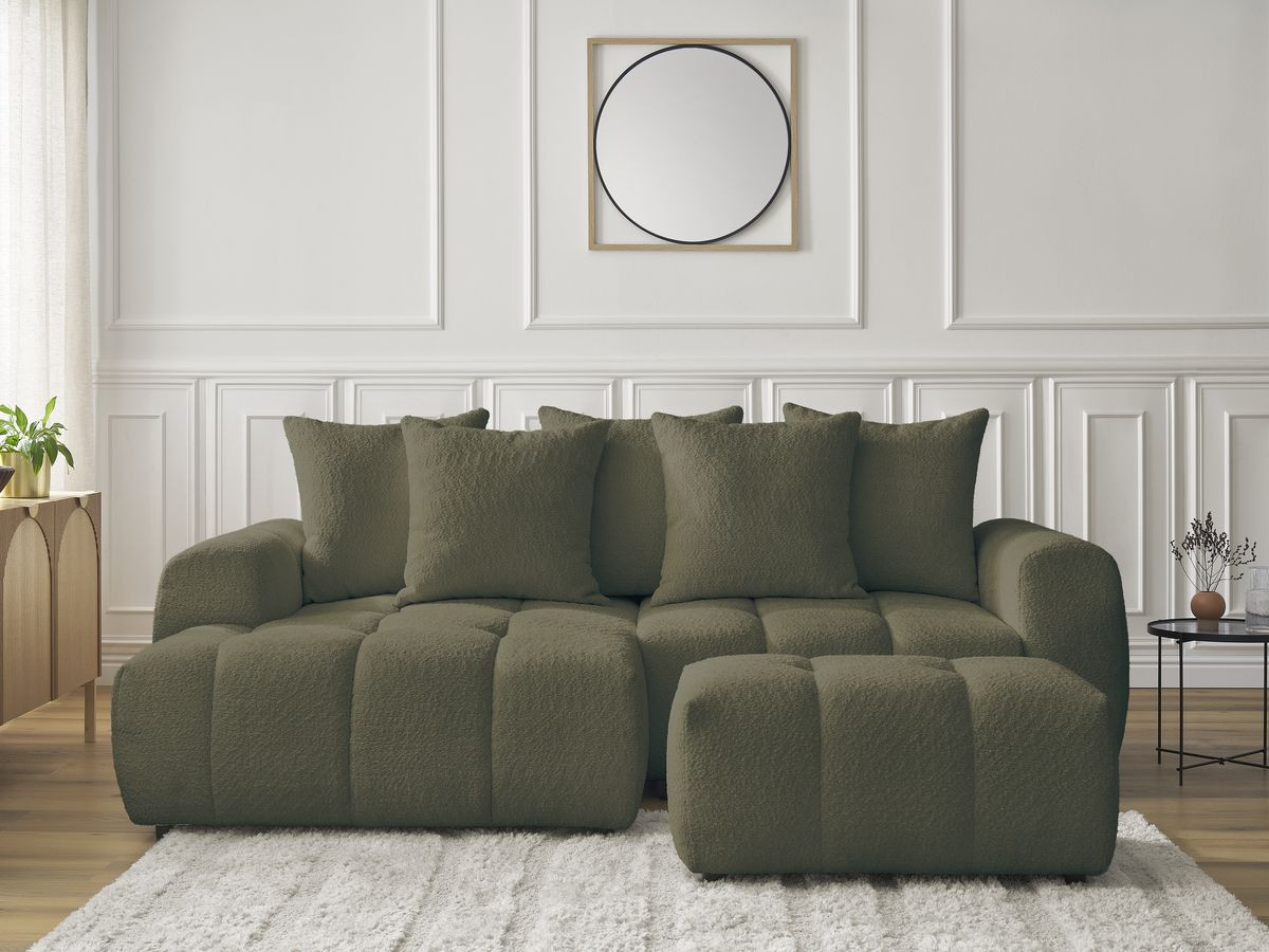 Canapé d'angle convertible coffre ROXELANE tissu bouclette avec pouf vert angle gauche BOBOCHIC 3 places - Vue supplémentaire 3
