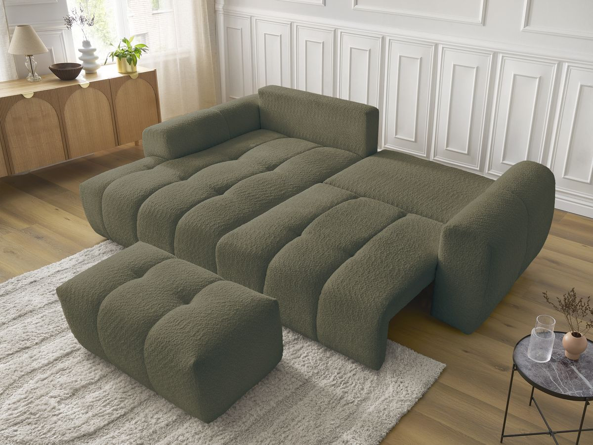 Canapé d'angle convertible coffre ROXELANE tissu bouclette avec pouf