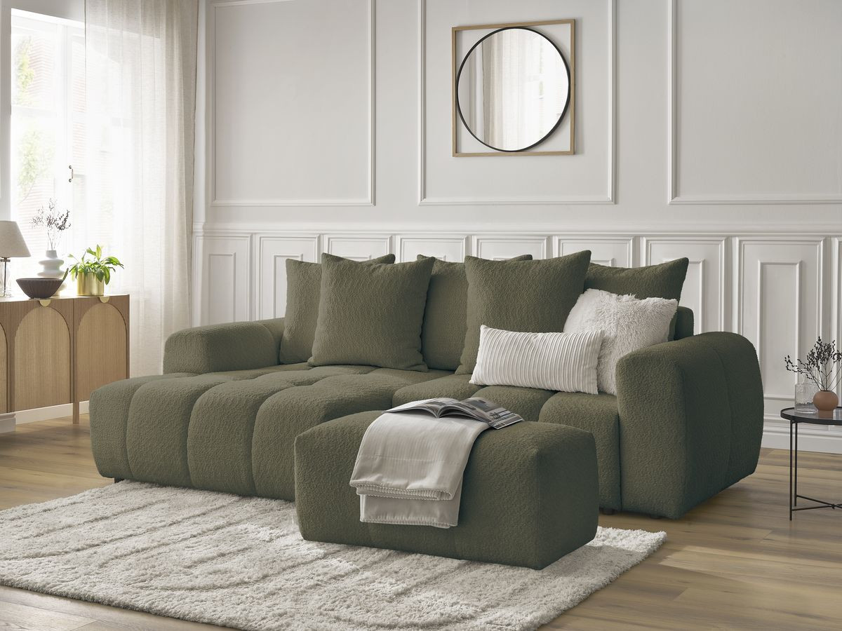Canapé d'angle convertible coffre ROXELANE tissu bouclette avec pouf