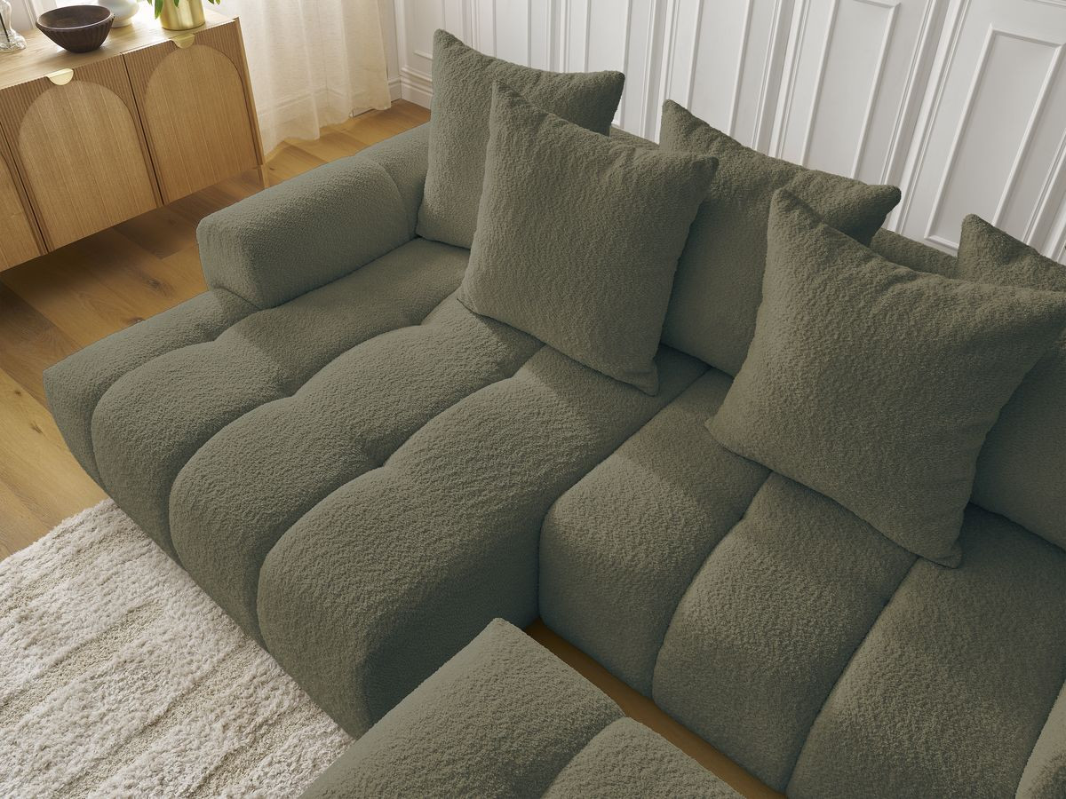 Canapé d'angle convertible coffre ROXELANE tissu bouclette avec pouf
