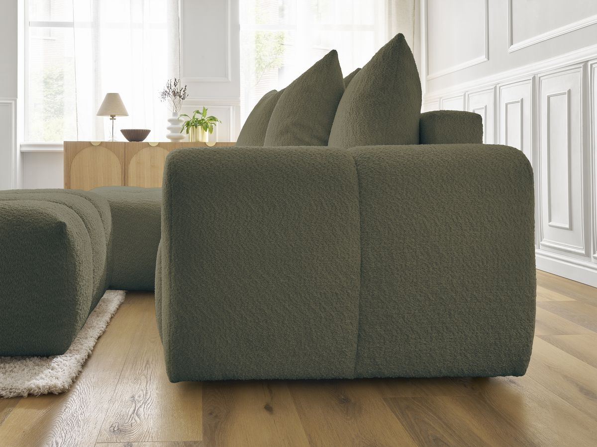 Canapé d'angle convertible coffre ROXELANE tissu bouclette avec pouf