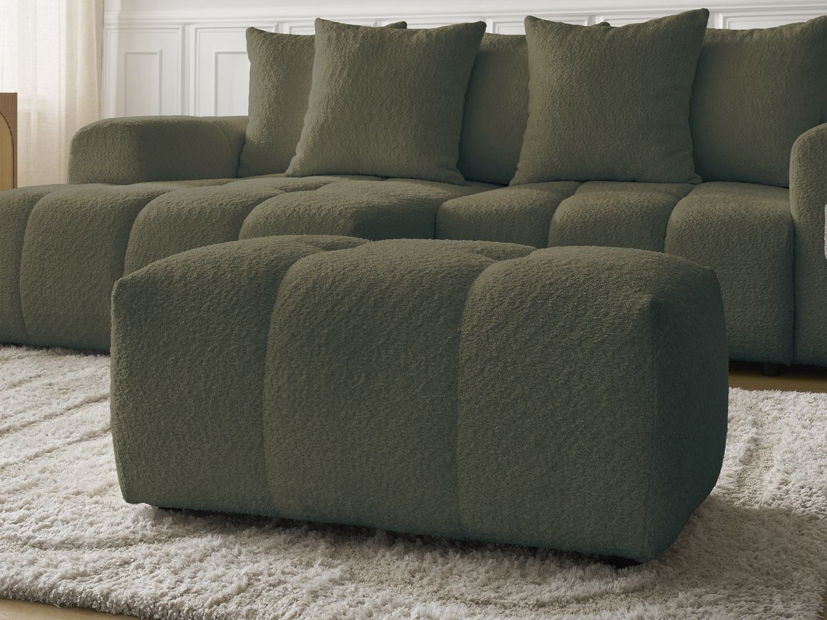 Canapé d'angle convertible coffre ROXELANE tissu bouclette avec pouf