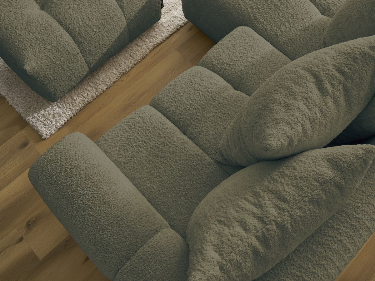 Canapé d'angle convertible coffre ROXELANE tissu bouclette avec pouf