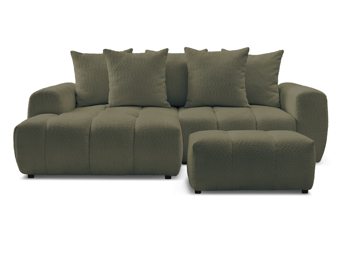 Canapé d'angle convertible coffre ROXELANE tissu bouclette avec pouf