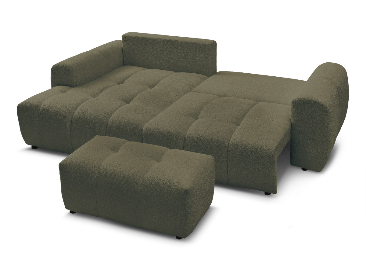 Canapé d'angle convertible coffre ROXELANE tissu bouclette avec pouf
